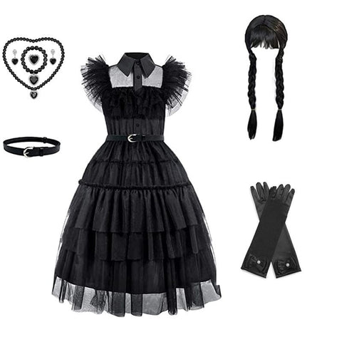 Darrahopens Occasions > Costumes > Costumes & Accessories Girl's dress cosplay Wednesday Brigitte princess dress lace details puff sleeves children Wednesday 9pcs 140
