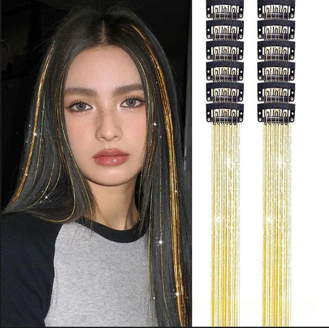 Darrahopens Occasions > Costumes > Costumes & Accessories Gold Laser Iridescent Hair Extensions – 12-Piece Clip-In Highlight Strands (High-Temperature Fiber)