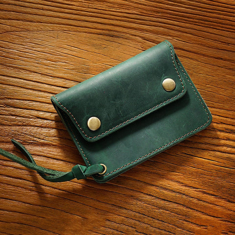Darrahopens Occasions > Costumes > Costumes & Accessories Green Handmade Crazy Horse Leather Wallet Vintage Coin Purse Zipper Card Holder with Strap Snap Closure Top Layer Cowhide 12cm