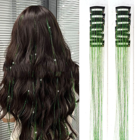Darrahopens Occasions > Costumes > Costumes & Accessories Green Laser Iridescent Hair Extensions – 12-Piece Clip-In Highlight Strands (High-Temperature Fiber)