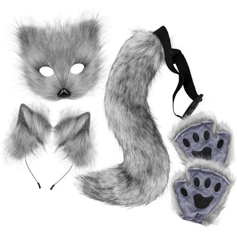 Darrahopens Occasions > Costumes > Costumes & Accessories Grey Fox Tail Cat Ears Gloves Halloween Cosplay Costume Set