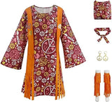 Darrahopens Occasions > Costumes > Costumes & Accessories Hippie Disco 70s Costume for Women, Headband, Dress, Ankle Socks, Peace Symbol for Ladies Cosplay Party Orange L Orange L_max Orange L
