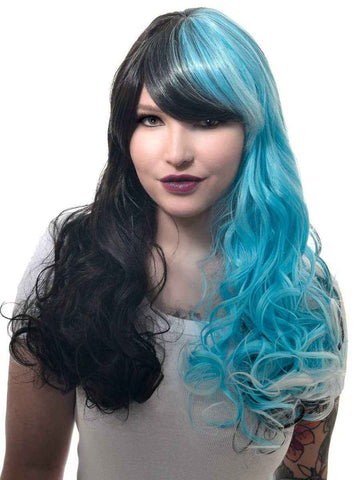 Darrahopens Occasions > Costumes > Costumes & Accessories Long Black and Blue Split Colour Womens Costume Wig