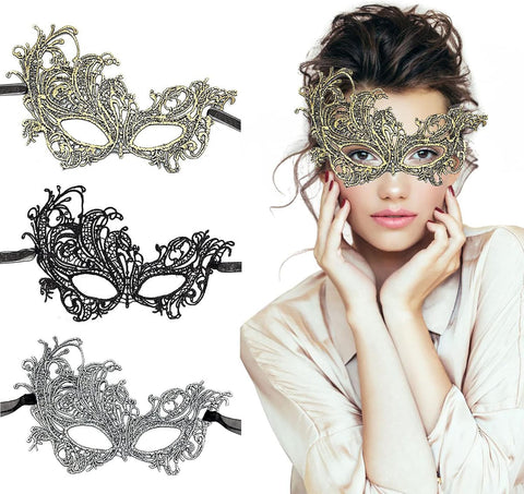 Darrahopens Occasions > Costumes > Costumes & Accessories Masquerade Mask - Venetian Mask for Women, Beautiful Elegant Lace Mask for Ladies Halloween Mardi Gras Party Gold+Silver+Black
