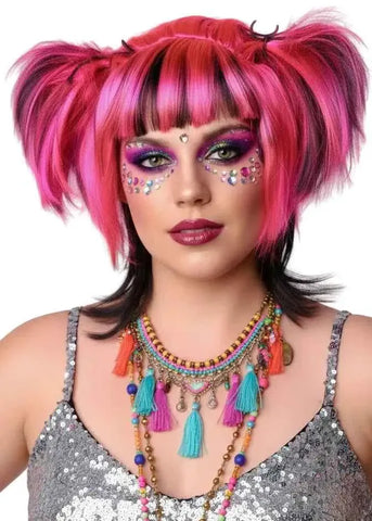 Darrahopens Occasions > Costumes > Costumes & Accessories Messy Pigtails Pink and Black Womens Halloween Wig