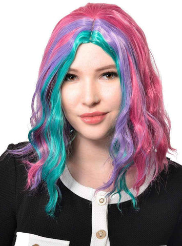 Darrahopens Occasions > Costumes > Costumes & Accessories Mid Length Wavy Pink Purple and Teal Womens Costume Wig