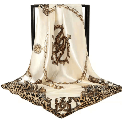 Darrahopens Occasions > Costumes > Costumes & Accessories Off-white Leopard Print Chain Pattern Elegant 90x90cm Satin Silk Scarf for Women - Double-Sided Printed Square Headscarf Shawl Wrap - Lightweight Versatile Fashion Accessory for Mother's Day Gift