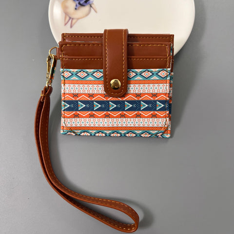 Darrahopens Occasions > Costumes > Costumes & Accessories Orange Colorful Ethnic Mandala Pattern PU Leather Mini Card Holder with Wrist Strap and Buckle - Slim High-End Multi-Slot Card Sleeve for Daily Use