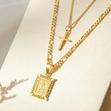 Darrahopens Occasions > Costumes > Costumes & Accessories Personalised Copper Adjustable Layered Necklace Set(4PCS) - Custom A-Z Initial Letter Square + Cross Pendant & Double Cross Pendant Stacking Combo