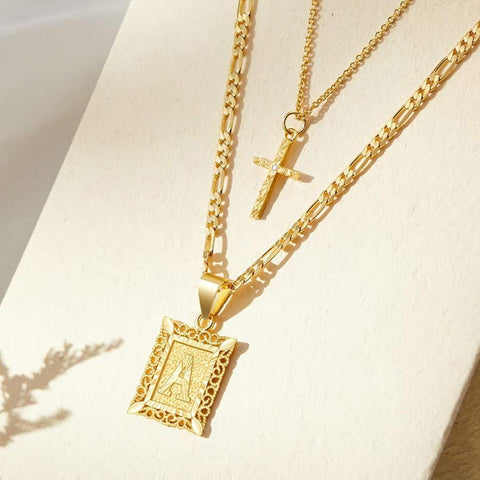 Darrahopens Occasions > Costumes > Costumes & Accessories Personalised Copper Adjustable Layered Necklace Set(4PCS) - Custom A-Z Initial Letter Square + Cross Pendant & Double Cross Pendant Stacking Combo