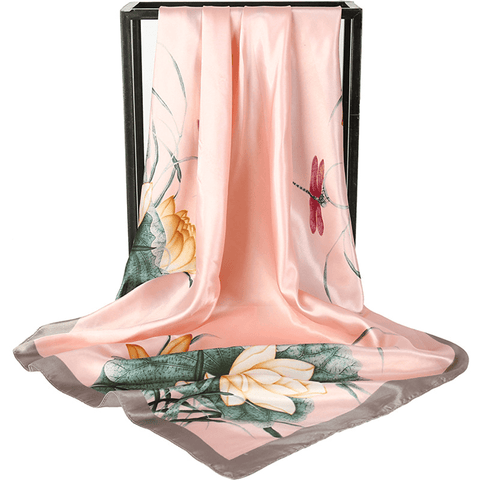 Darrahopens Occasions > Costumes > Costumes & Accessories Pink Dragonfly and Lotus Flower Painting Elegant 90x90cm Satin Silk Scarf for Women - Double-Sided Printed Square Headscarf Shawl Wrap - Lightweight Versatile Fashion Accessory for Mother's Day Gift