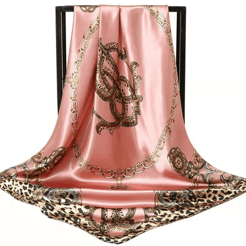 Darrahopens Occasions > Costumes > Costumes & Accessories Pink Leopard Print Chain Pattern Elegant 90x90cm Satin Silk Scarf for Women - Double-Sided Printed Square Headscarf Shawl Wrap - Lightweight Versatile Fashion Accessory for Mother's Day Gift