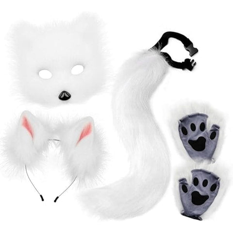 Darrahopens Occasions > Costumes > Costumes & Accessories Plush mask with fox tail and ears set, cat tail fox costume cosplay costume with cat ears and paw gloves halloween cosplay white white