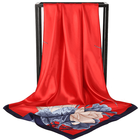 Darrahopens Occasions > Costumes > Costumes & Accessories Red Dragonfly and Lotus Flower Painting Elegant 90x90cm Satin Silk Scarf for Women - Double-Sided Printed Square Headscarf Shawl Wrap - Lightweight Versatile Fashion Accessory for Mother's Day Gift