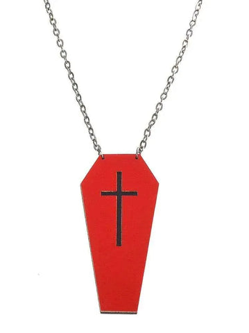 Darrahopens Occasions > Costumes > Costumes & Accessories Red Leather Coffin with Black Cross Halloween Necklace