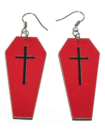 Darrahopens Occasions > Costumes > Costumes & Accessories Red Leather Coffins with Black Cross Halloween Earrings