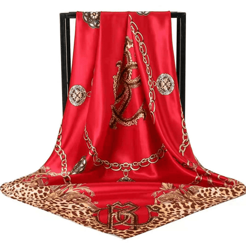 Darrahopens Occasions > Costumes > Costumes & Accessories Red Leopard Print Chain Pattern Elegant 90x90cm Satin Silk Scarf for Women - Double-Sided Printed Square Headscarf Shawl Wrap - Lightweight Versatile Fashion Accessory for Mother's Day Gift