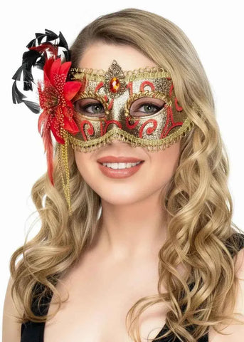 Darrahopens Occasions > Costumes > Costumes & Accessories Side Flower Red and Gold Brocade Deluxe Masquerade Mask