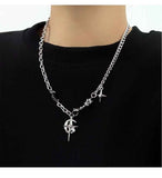 Darrahopens Occasions > Costumes > Costumes & Accessories Silver Hip-hop style titanium steel black gemstone spliced star cross necklace, unisex trendy streetwear design collarbone chain
