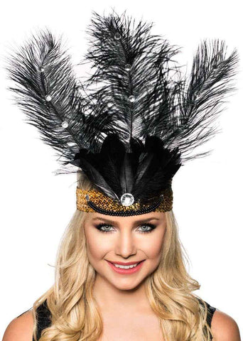 Darrahopens Occasions > Costumes > Costumes & Accessories Tall Black Feather Showgirl Headpiece with Gold Sequins