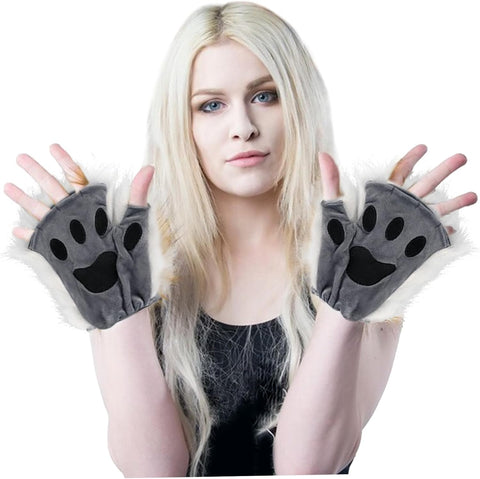 Darrahopens Occasions > Costumes > Costumes & Accessories Therian Paws Black Gray Half Finger Realistic Fur Paw Gloves for Adults Kids Cosplay Compatible with Oral-B