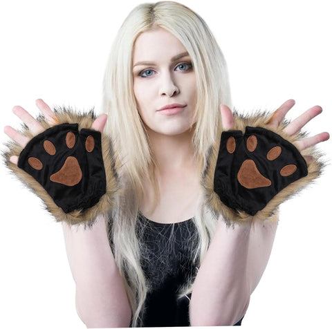 Darrahopens Occasions > Costumes > Costumes & Accessories Therian Paws Half Finger Cute Embroidered Fur Paw Gloves 1 Pair Black Compatible with Kids Adults Cosplay Stage