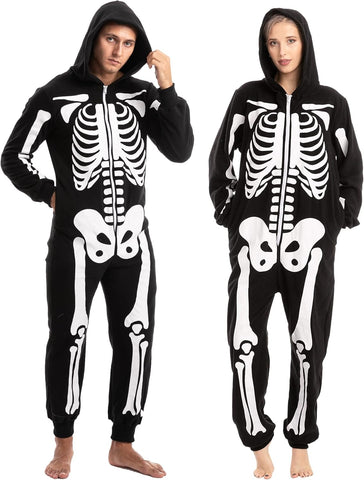 Darrahopens Occasions > Costumes > Costumes & Accessories Unisex Skeleton Onesie Pajamas Plush Skeleton Jumpsuit Zipper Halloween Hoodie Pajamas for Adults Sleepwear Costume Black L