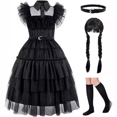 Darrahopens Occasions > Costumes > Costumes & Accessories Wednesday Cosplay Dress for Girls, 4-Piece Set with Lace Details and Puff Sleeves, Size 120
