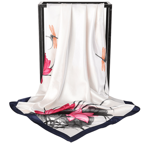 Darrahopens Occasions > Costumes > Costumes & Accessories White Dragonfly and Lotus Flower Painting Elegant 90x90cm Satin Silk Scarf for Women - Double-Sided Printed Square Headscarf Shawl Wrap - Lightweight Versatile Fashion Accessory for Mother's Day Gift