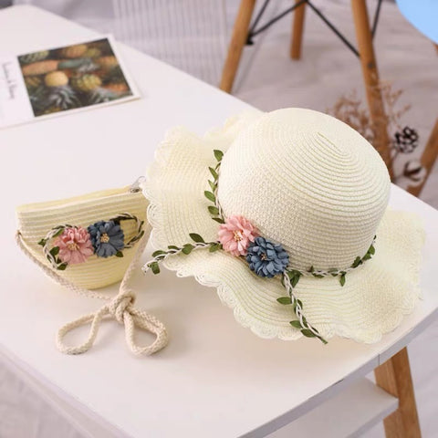 Darrahopens Occasions > Costumes > Costumes & Accessories White Girls Summer Princess Straw Straw Hat and Matching Purse Set - Breathable Floral Wide Brim Sun Protection Sun Hat