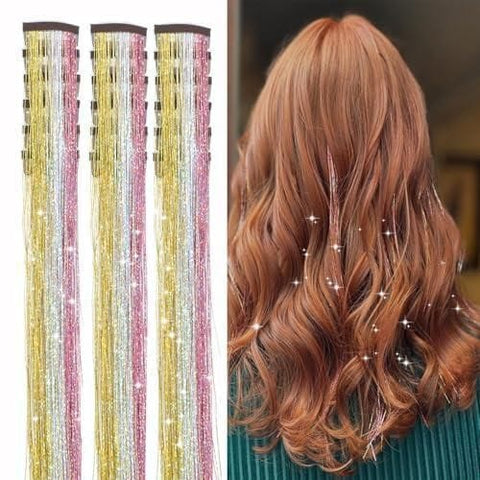 Darrahopens Occasions > Costumes > Costumes & Accessories Yellow and Silver and Pink Laser Iridescent Hair Extensions – 12-Piece Clip-In Highlight Strands (High-Temperature Fiber)