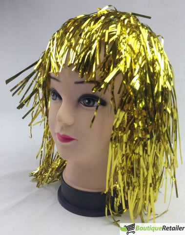 Darrahopens Occasions > Costumes Tinsel Metallic Wig 70s 50s 20s Costume Mens Womens Unisex Disco Fancy Dress Up - Gold/Yellow