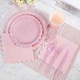 Darrahopens Occasions > Disposable Tableware > Disposable Cutlery 7-Piece Pink Scalloped Party Tableware Set with Floral Wavy Edges – Elegant Disposable Paper Plates 7 / 9 inch, Tissues, Cups & Cutlery Kit for Birthdays Parties and Baby Showers (Serves 25 People)