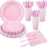 Darrahopens Occasions > Disposable Tableware > Disposable Cutlery 7-Piece Pink Scalloped Party Tableware Set with Floral Wavy Edges – Elegant Disposable Paper Plates 7 / 9 inch, Tissues, Cups & Cutlery Kit for Birthdays Parties and Baby Showers (Serves 50 People)