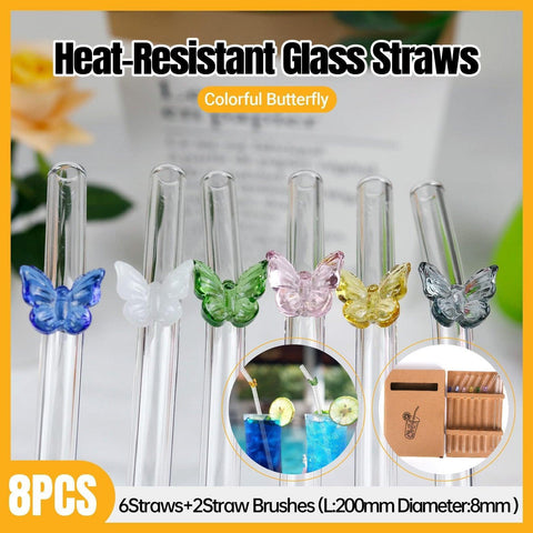 Darrahopens Occasions > Disposable Tableware > Disposable Cutlery 8pcs Colourful Butterfly Glass Straw Reusable Heat Resistant Proof MultiColours