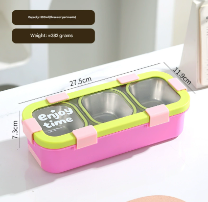 Darrahopens Occasions > Disposable Tableware > Disposable Cutlery Green Premium Stainless Steel 3-Compartment Lunch Box - Leak-Proof 500ml Portable Bento Box for Students and Office Professionals