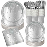 Darrahopens Occasions > Disposable Tableware > Disposable Cutlery Silver Diamond Sparkle Party Tableware Set 7-Piece Set (Serves 20 People) – 140pcs Disposable Paper Plates, Tissures, Cups & Cutlery Kit for Weddings Birthdays & Parties