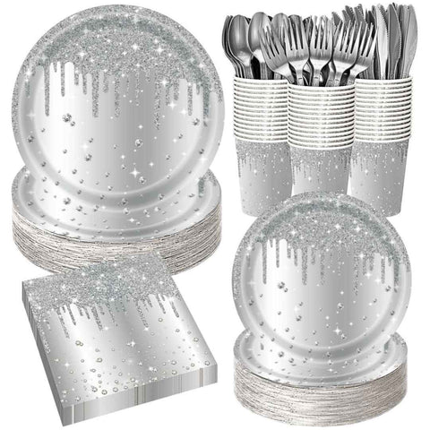 Darrahopens Occasions > Disposable Tableware > Disposable Cutlery Silver Diamond Sparkle Party Tableware Set 7-Piece Set (Serves 20 People) – 140pcs Disposable Paper Plates, Tissures, Cups & Cutlery Kit for Weddings Birthdays & Parties
