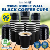 Darrahopens Occasions > Disposable Tableware Party Central 96PCE Coffee Cups Matching Lids Disposable Triple Layered 230ml