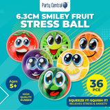 Darrahopens Occasions > Party & Birthday Novelties Party Central 36PCE Smiley Fruit Stress Balls High Quality Rubber Toy 6.3cm