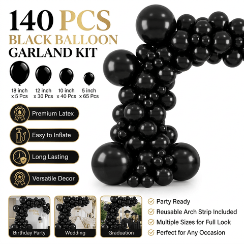Darrahopens Occasions > Party & Birthday Novelties > Party Supplies 140PCS Black Balloon Garland Kit Latex Balloon Arch Set for Birthday Wedding Party Decoration Black Party Balloon Arch Kit with Multiple Sizes