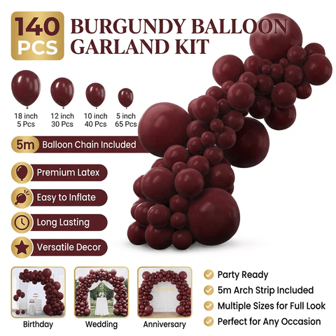 Darrahopens Occasions > Party & Birthday Novelties > Party Supplies 140PCS Wine red Balloon Garland Kit Latex Balloon Arch Set for Birthday Wedding Party Decoration Wine red Party Balloon Arch Kit with Multiple Sizes