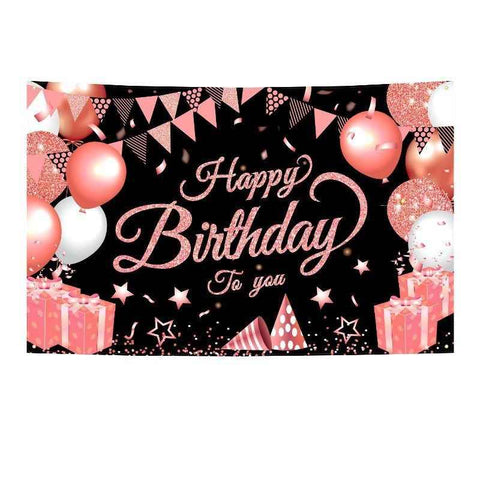 Darrahopens Occasions > Party & Birthday Novelties > Party Supplies 180*115cm Black and Pink Happy Birthday Banner - Glitter Party Backdrop & Confetti, Durable Polyester Wall Decoration for Birthday Parties, Photo Booth Background, Easy Hang Birthday Sign