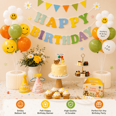 Darrahopens Occasions > Party & Birthday Novelties > Party Supplies 3-pcs Birthday Party Decoration Set with 2-pack Smiley Daisy Balloon Centerpieces & Blue and Green Happy Birthday Felt Banner, Kids Birthday Party Decor Kit, Photo Booth Backdrop Supplies,