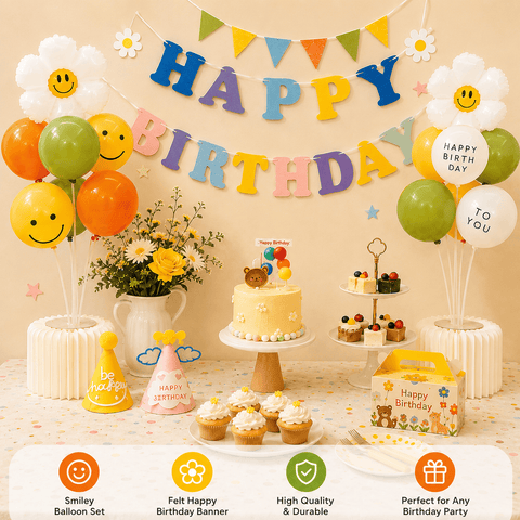 Darrahopens Occasions > Party & Birthday Novelties > Party Supplies 3-pcs Birthday Party Decoration Set with 2-pack Smiley Daisy Balloon Centerpieces & Blue and Pink Happy Birthday Felt Banner, Kids Birthday Party Decor Kit, Photo Booth Backdrop Supplies,