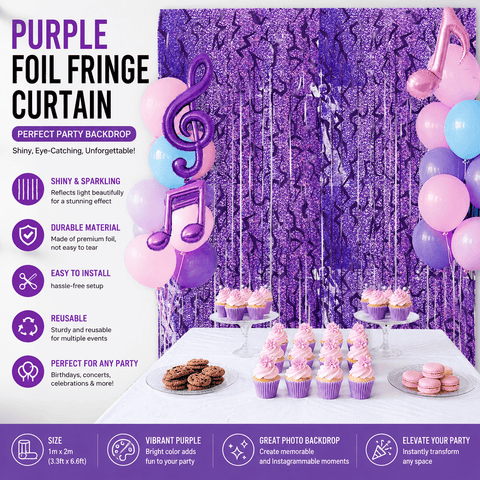 Darrahopens Occasions > Party & Birthday Novelties > Party Supplies 5 pcs Purple Lightning Tinsel Curtain Backdrop - Shimmer Foil Fringe Party Decoration for Birthday, Music Theme, Dance Party and Photo Booth