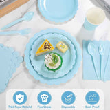 Darrahopens Occasions > Party & Birthday Novelties > Party Supplies 7-Piece Light Blue Scalloped Party Tableware Set for 25 Guests - Disposable Paper Plates 7 / 9 inch, 9oz Cups, Napkins, Cutlery with Matching Tablecloth for Birthday, Baby Shower, EOFY Event