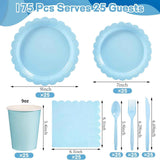 Darrahopens Occasions > Party & Birthday Novelties > Party Supplies 7-Piece Light Blue Scalloped Party Tableware Set for 25 Guests - Disposable Paper Plates 7 / 9 inch, 9oz Cups, Napkins, Cutlery with Matching Tablecloth for Birthday, Baby Shower, EOFY Event