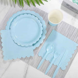 Darrahopens Occasions > Party & Birthday Novelties > Party Supplies 7-Piece Light Blue Scalloped Party Tableware Set for 50 Guests - Disposable Paper Plates 7 / 9 inch, 9oz Cups, Napkins, Cutlery with Matching Tablecloth for Birthday, Baby Shower, EOFY Event