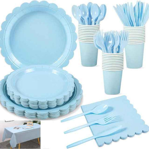 Darrahopens Occasions > Party & Birthday Novelties > Party Supplies 7-Piece Light Blue Scalloped Party Tableware Set for 50 Guests - Disposable Paper Plates 7 / 9 inch, 9oz Cups, Napkins, Cutlery with Matching Tablecloth for Birthday, Baby Shower, EOFY Event